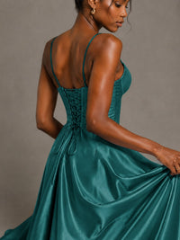 Lavender V Neck Satin Prom Dress with Spaghetti Straps