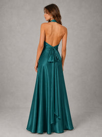 Sage Green Satin A-Line Bridesmaid Dress with Halter Neck