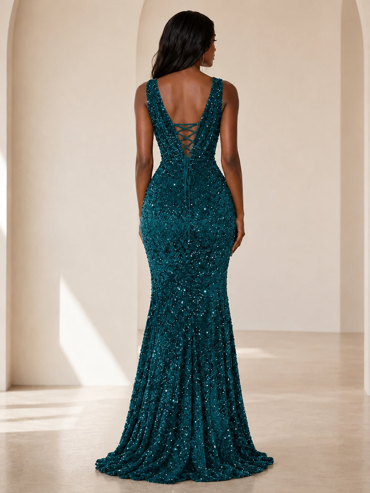 Sequin Mermaid Prom Dress with V-Neck and Ruched Waist