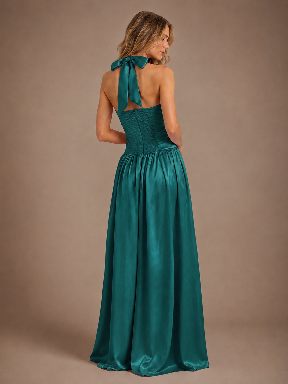 Pink V Neck Halter Satin Maxi Dress