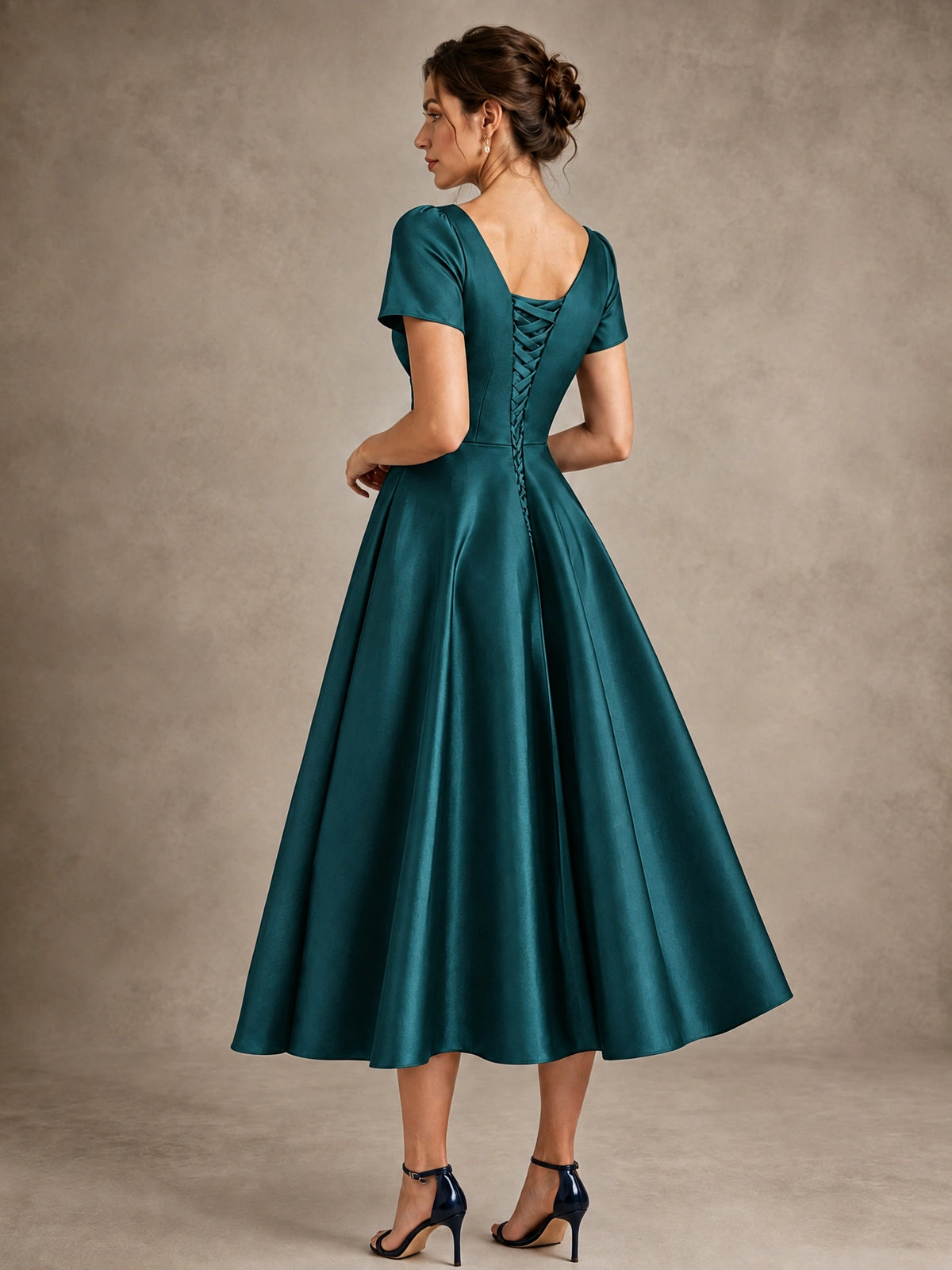 V-Neck Tea-Length Satin Mother of the Bride Dress with Bow