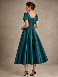 V-Neck Tea-Length Satin Mother of the Bride Dress with Bow