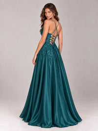 Lace Applique Satin A-Line Prom Dress with Sheer Bodice