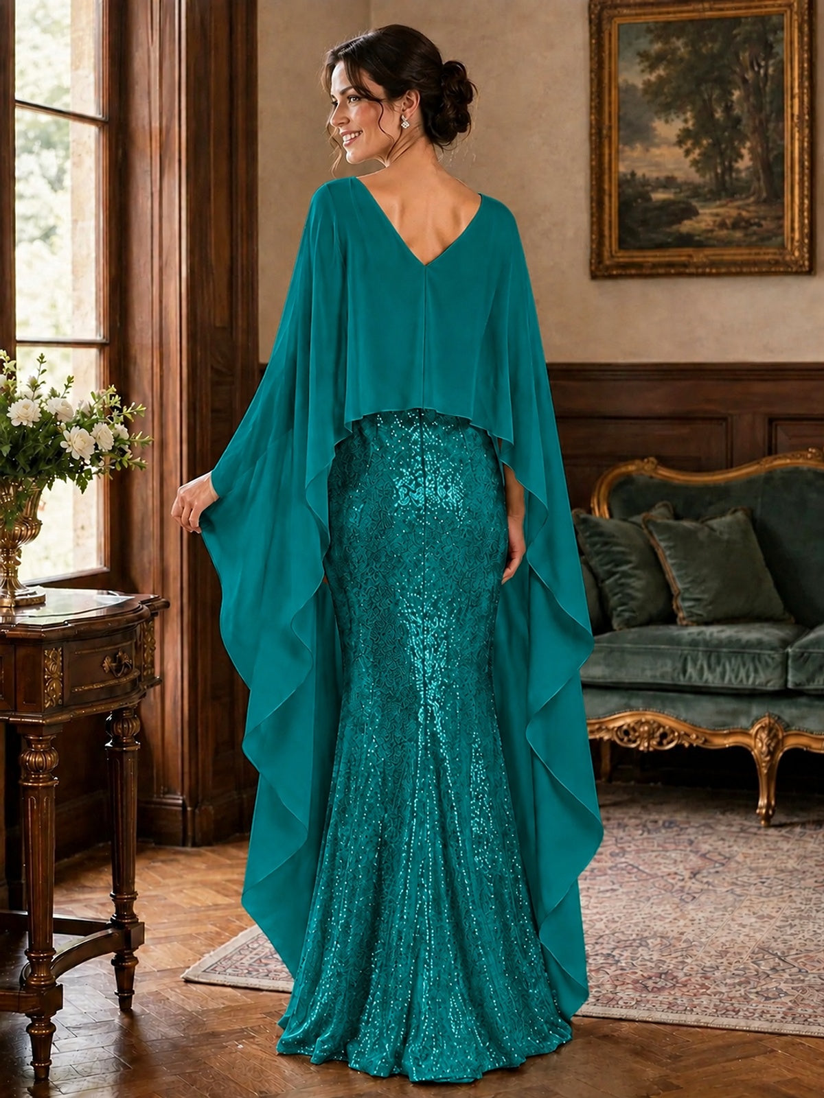Sequin 2 Pieces Mother of the Bride Dress with Cap Sleeves Chiffon Formal Gowns