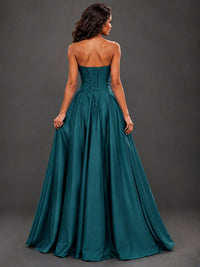 Draped Satin Prom Dress Strapless A-line Formal Dress Floor Length
