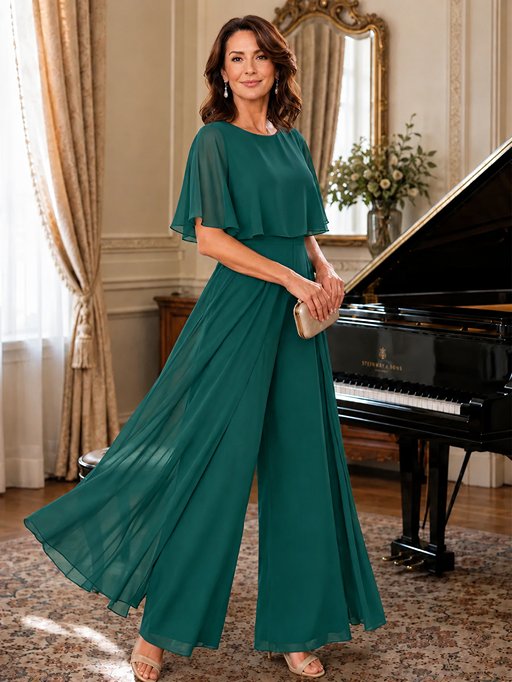 Chiffon Mother of the Bride Jumpsuit with Layered Cape Sleeves