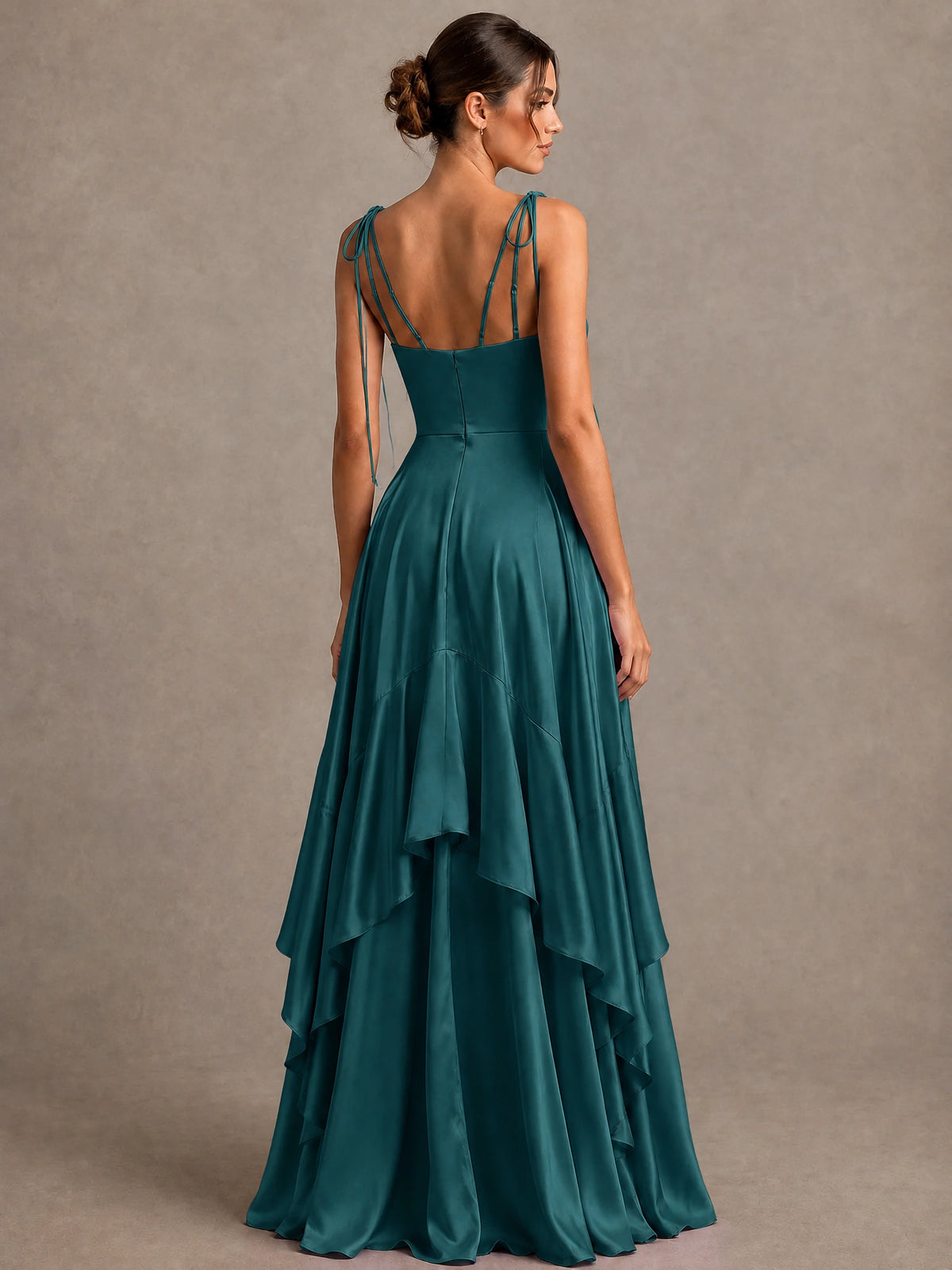 Lavender Satin V-Neck Ruffle Maxi Dress
