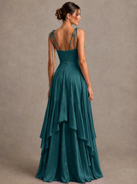 Lavender Satin V-Neck Ruffle Maxi Dress