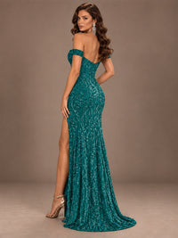 Off the Shoulder Corset Sequin Mermaid Prom Dress with Slit