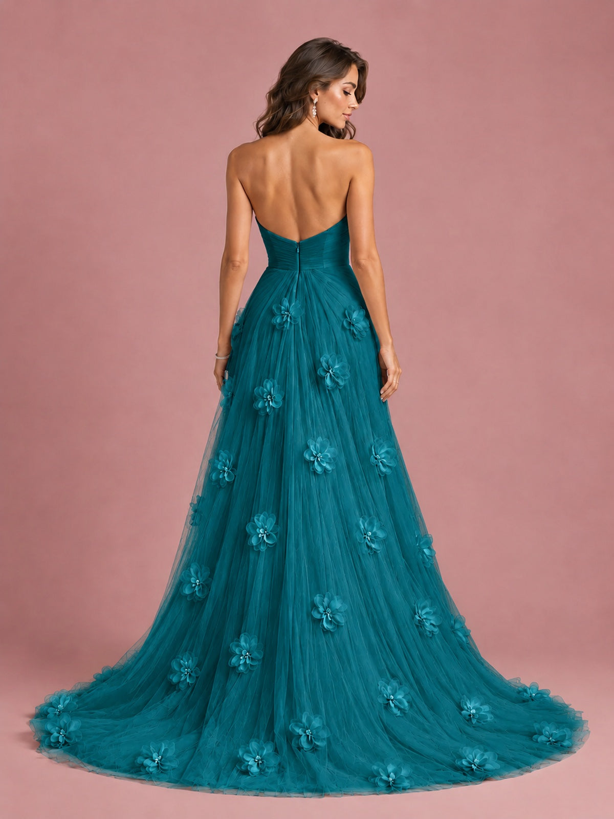 3D Floral Applique Strapless Tulle Prom Dress with High Slit