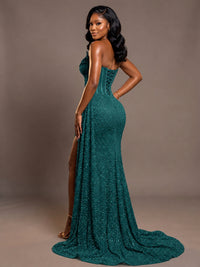 Luxury Strapless Sequin Corset Mermaid Prom Dress with High Slit & Train