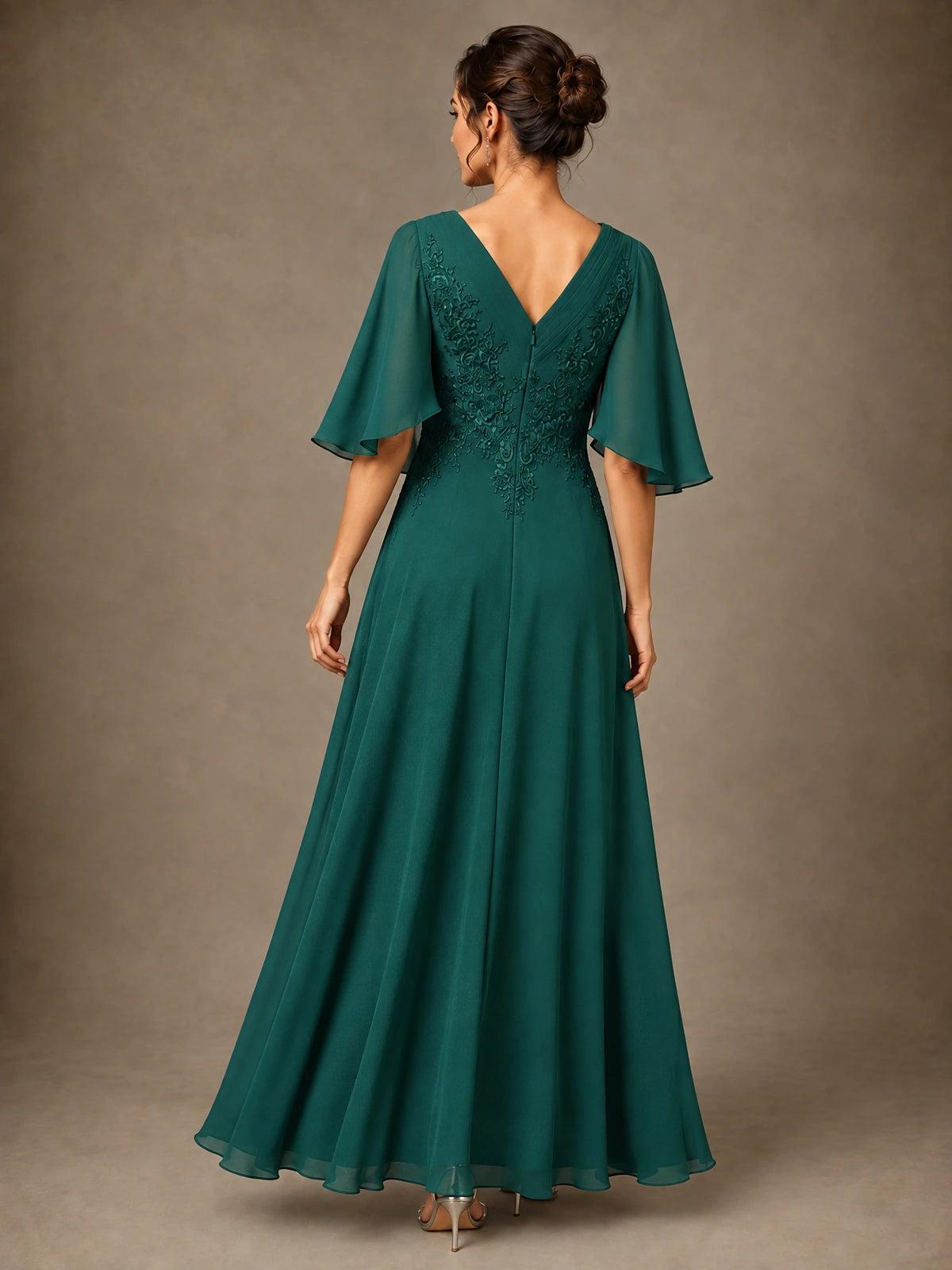V-Neck Chiffon Lace Mother of the Bride Dress with Flutter Sleeves