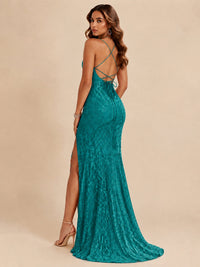 Sequin Lace Appliques Mermaid Prom Dress Spaghetti Strap Formal Gowns with Slit