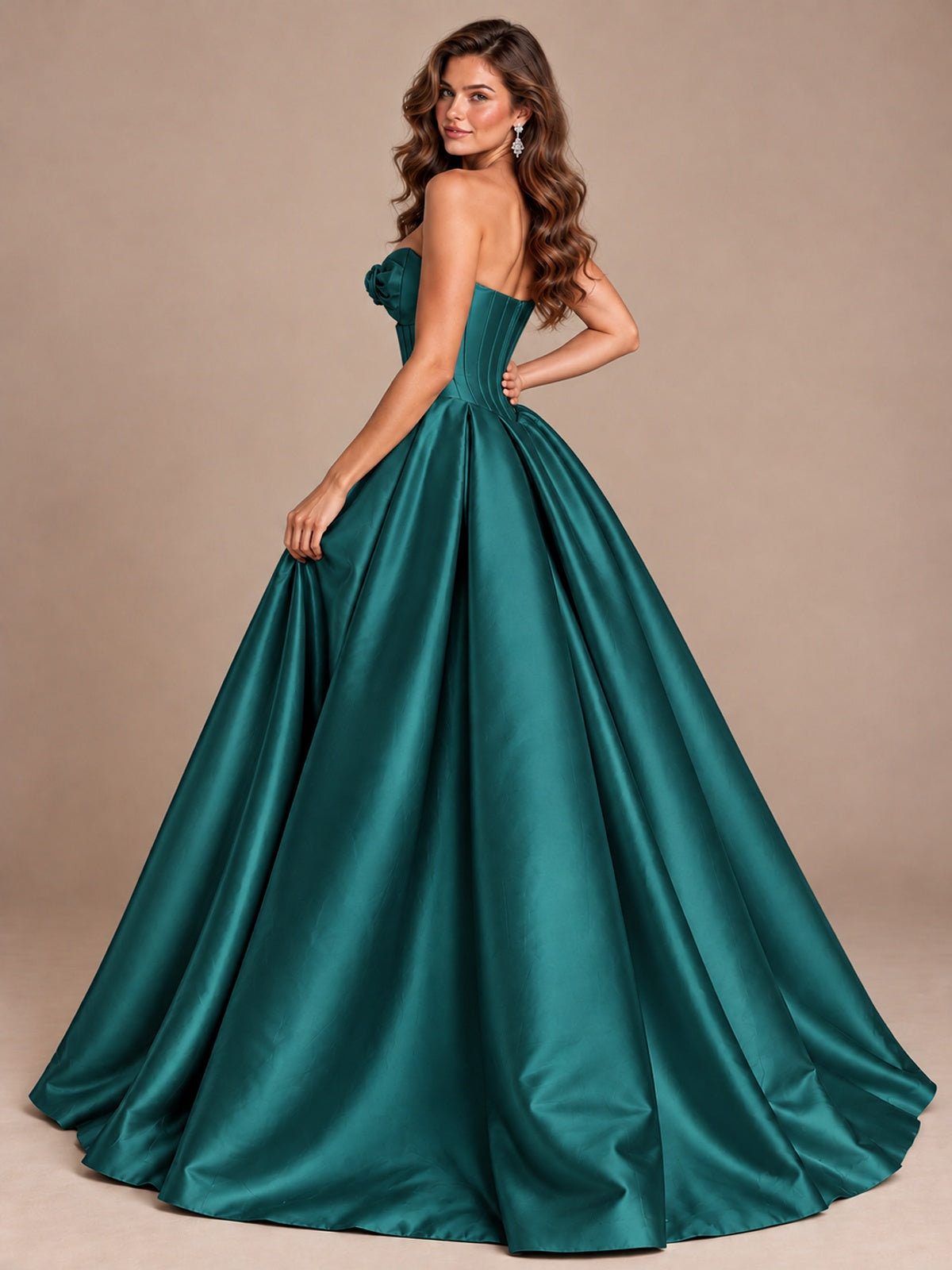 Pink Strapless Corset Satin Prom Derss & Ball Gown with 3D Floral