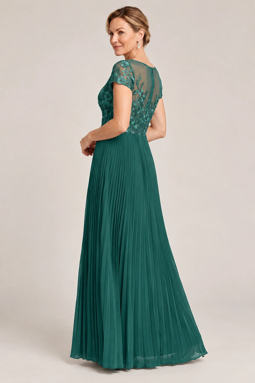 Embroidered Lace Pleated Mother of the Bride Dress
