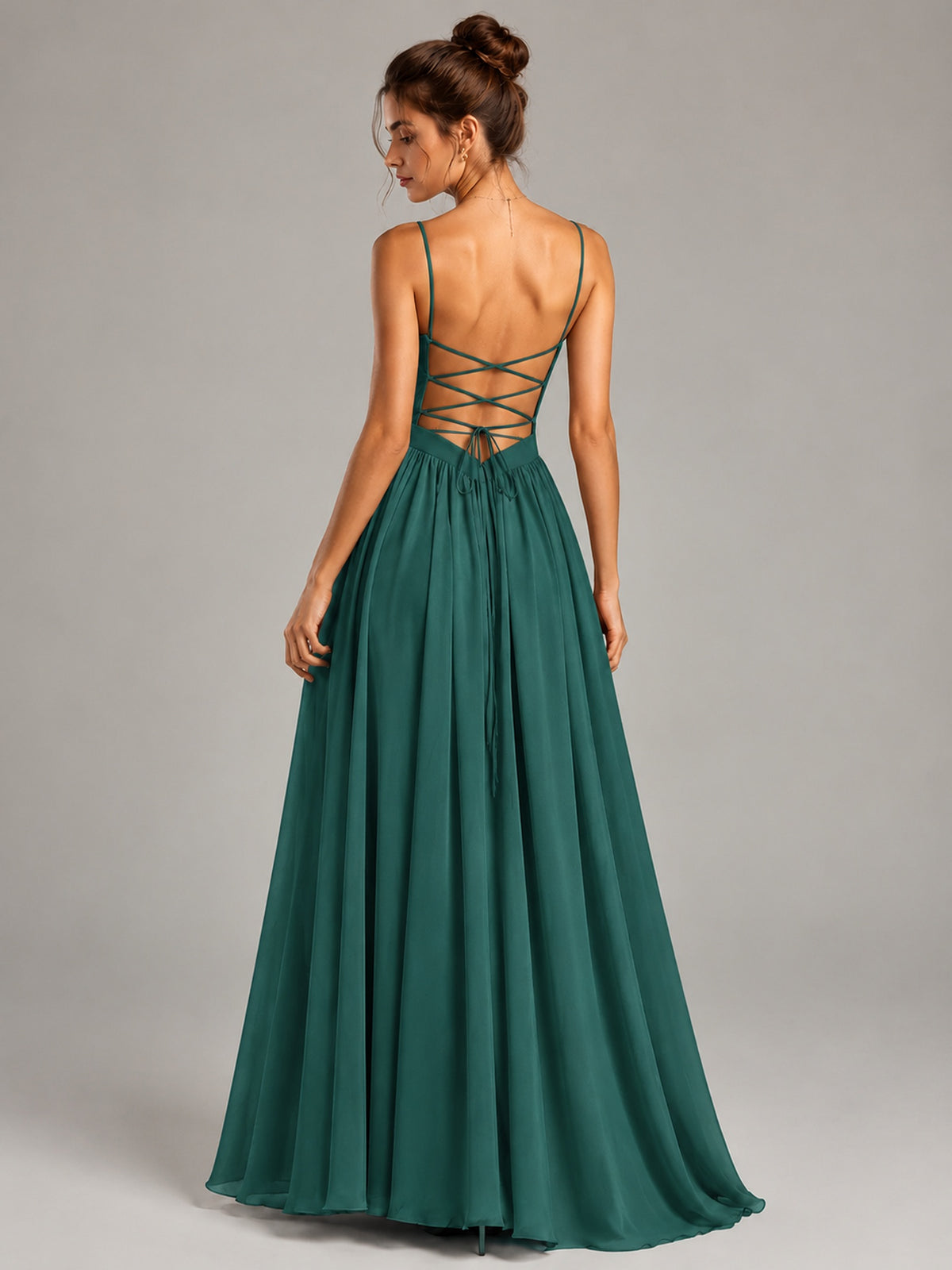 Spaghetti Strap Ruched Chiffon Maxi Dress with Backless