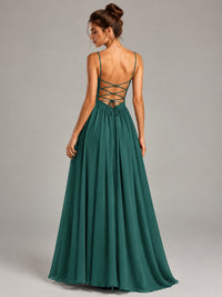 Spaghetti Strap Ruched Chiffon Maxi Dress with Backless