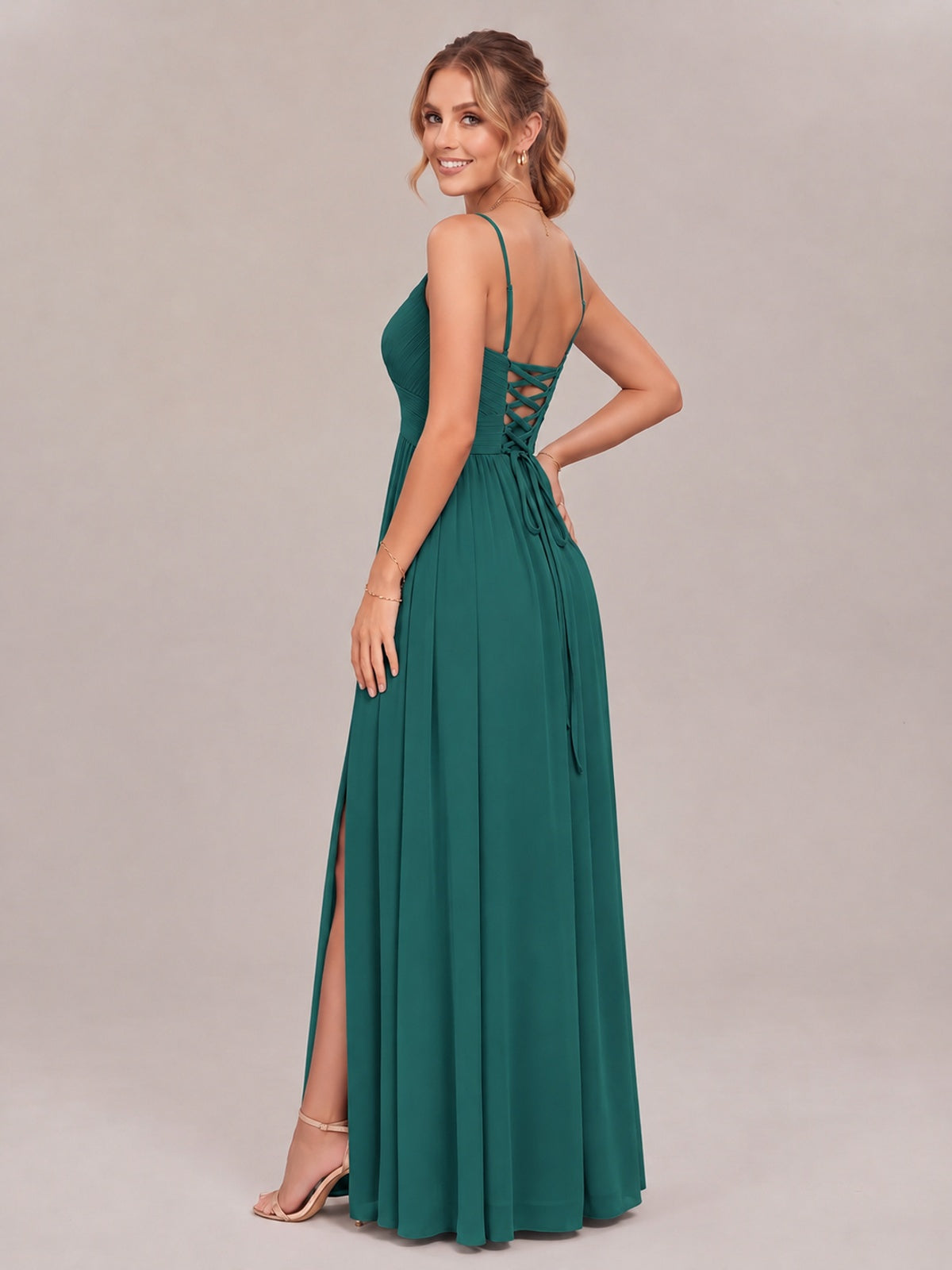 V-Neck Pleated Chiffon Long Bridesmaid Dress with Slit