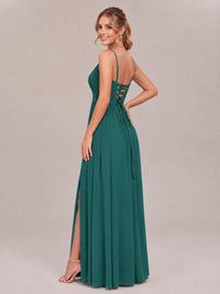 V-Neck Pleated Chiffon Long Bridesmaid Dress with Slit