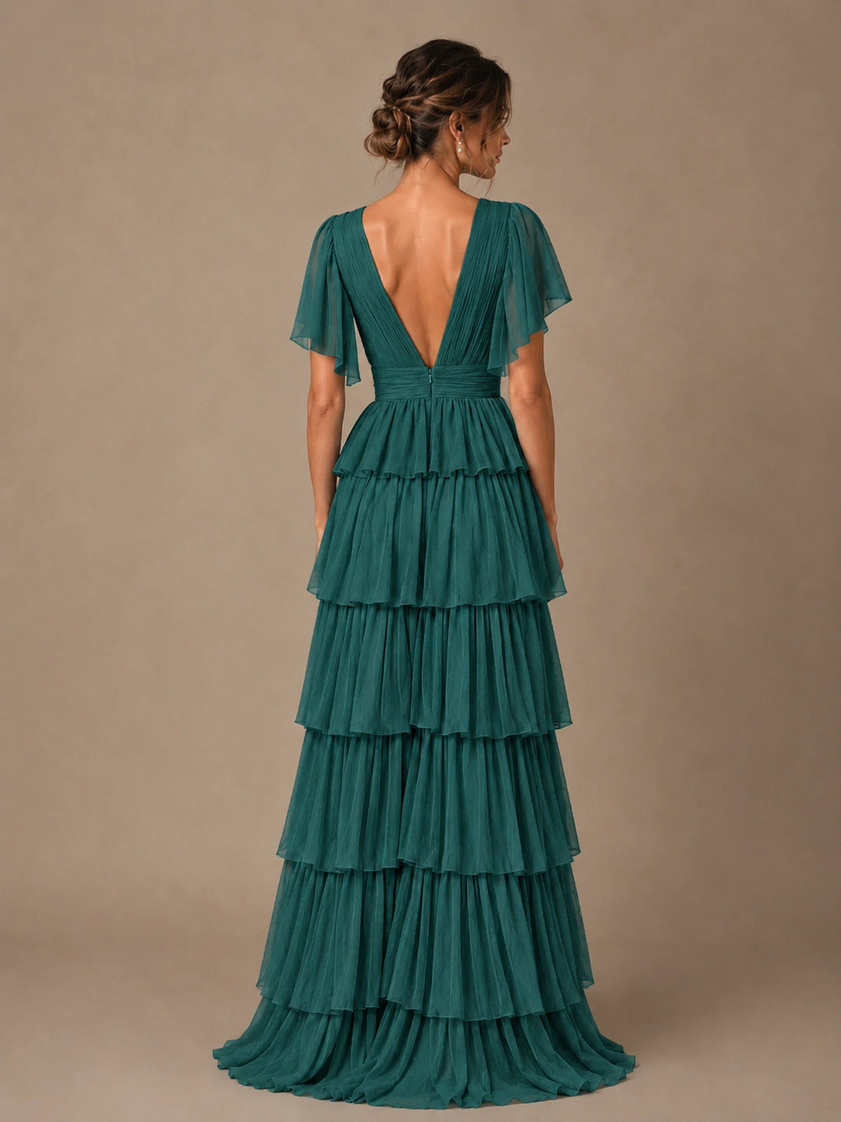 Chiffon V-Neck Tiered Ruffle Bridesmaid Dress with Slit