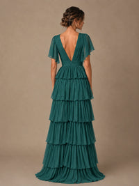 Chiffon V-Neck Tiered Ruffle Bridesmaid Dress with Slit