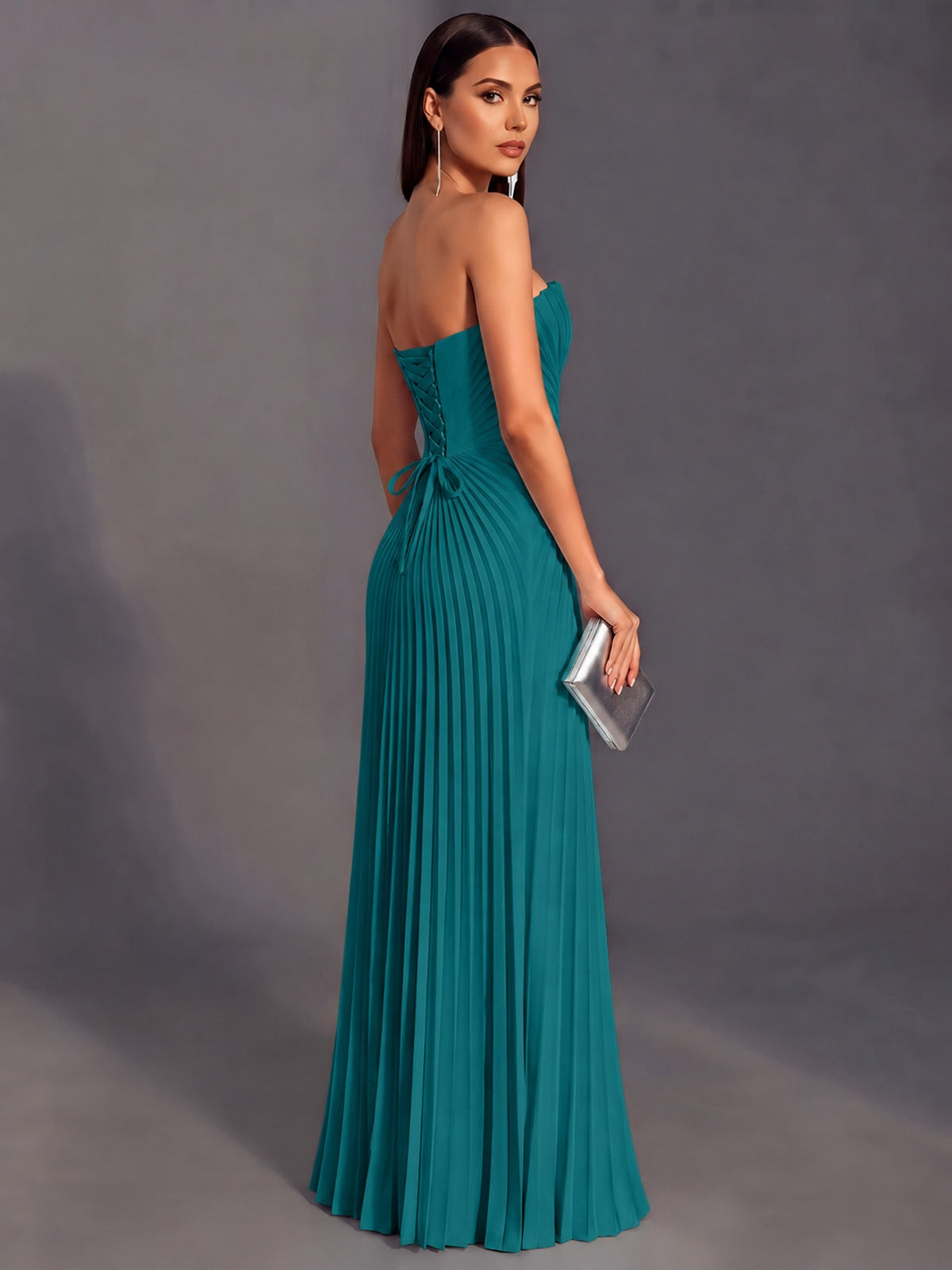 Strapless A-line Long Pleated Satin Prom Dress