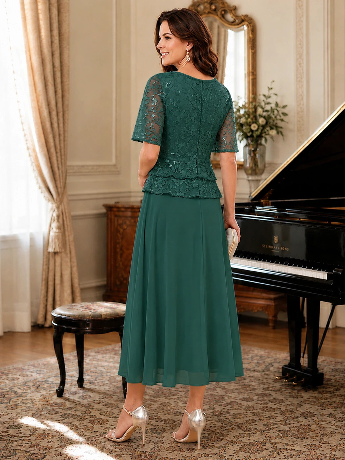 Tea-Length Chiffon Mother of the Bride Dress with Sequin Lace Sleeves