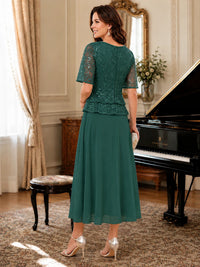 Tea-Length Chiffon Mother of the Bride Dress with Sequin Lace Sleeves