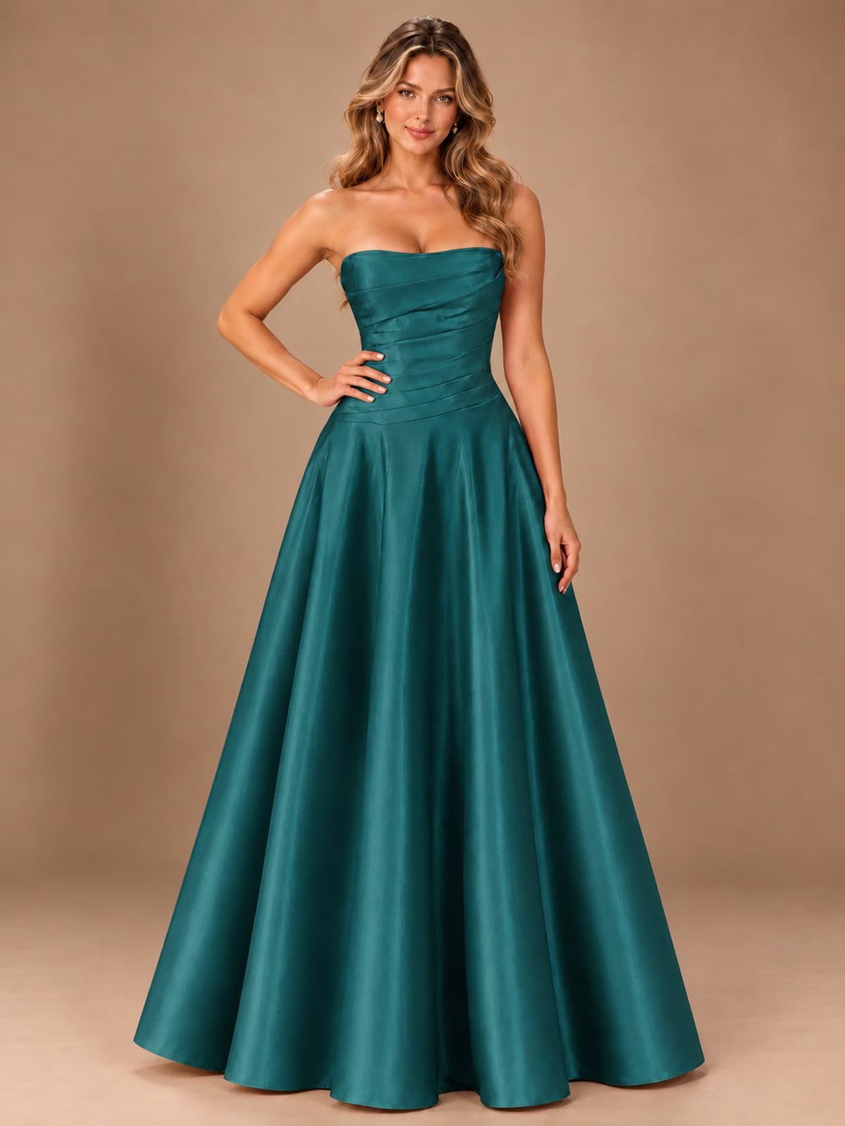 Blush Pink Strapless Satin A-Line Prom Dress with Ruched Bodice