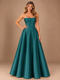 Blush Pink Strapless Satin A-Line Prom Dress with Ruched Bodice