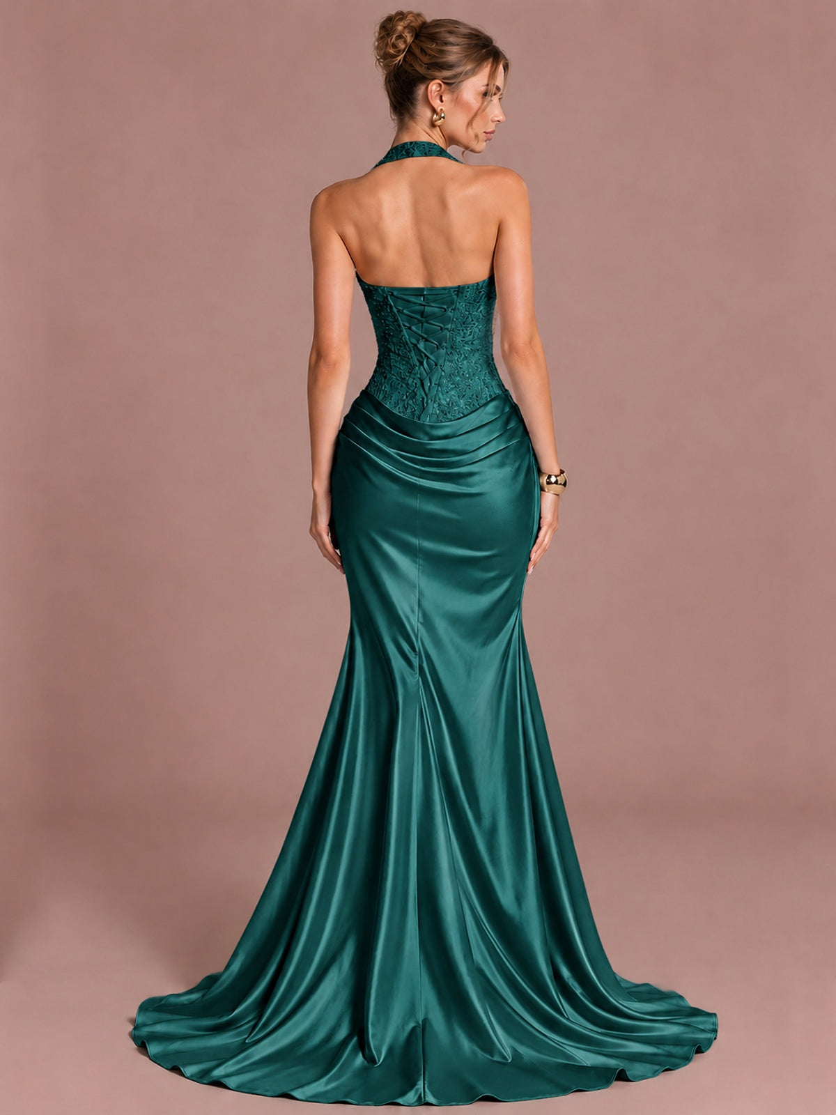 Sparkling Halter Corset Satin Mermaid Prom Dress