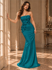 White Strapless Mermaid Maxi Dress with 3D Floral Appliques