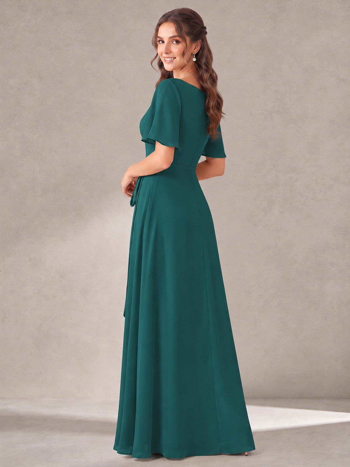 Scoop Neck A-line Chiffon Bridesmaid Dress with Flutter Sleeve & Belt