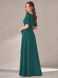 Scoop Neck A-line Chiffon Bridesmaid Dress with Flutter Sleeve & Belt