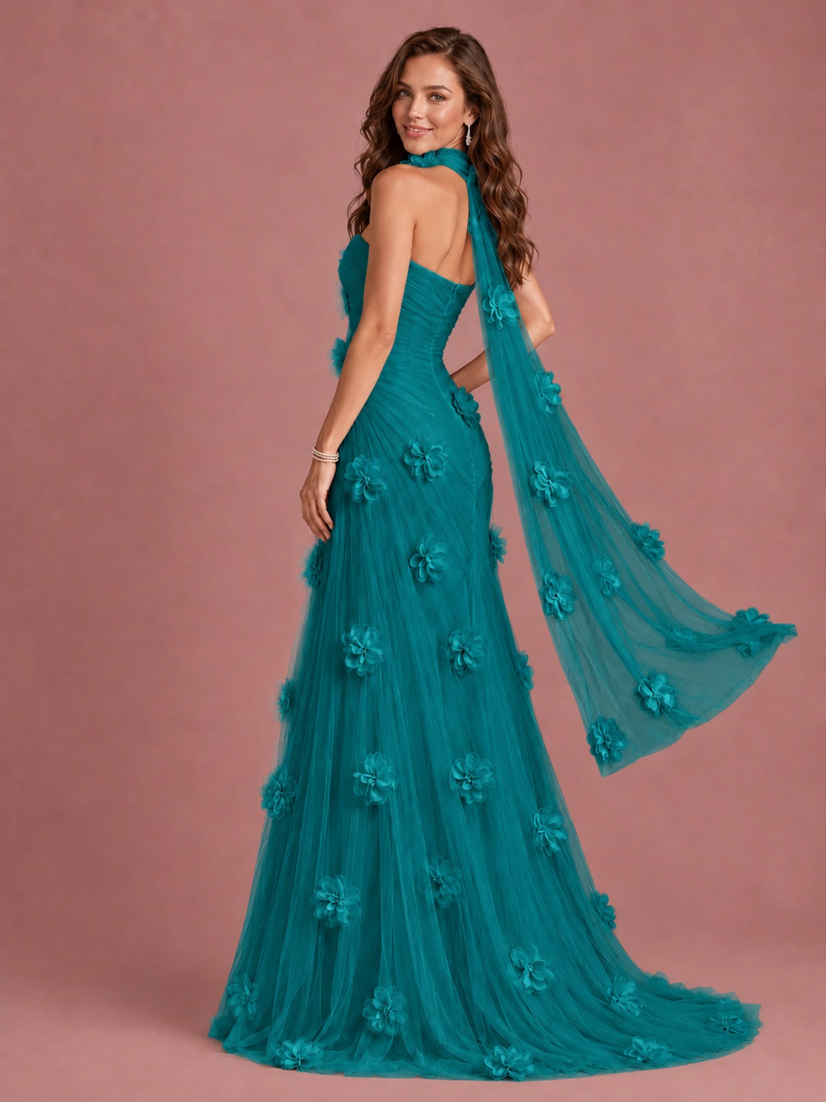 Blush Pink Strapless Sweetheart 3D Floral Tulle Mermaid Prom Dress