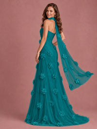 Blush Pink Strapless Sweetheart 3D Floral Tulle Mermaid Prom Dress