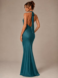 Olive Green Halter Satin Mermaid Maxi Dress
