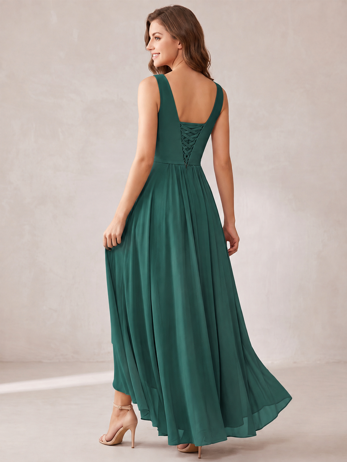 V-Neck High-Low Chiffon Bridesmaid Dress with Ruffles