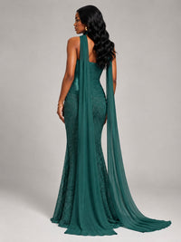 Pleated Chiffon Lace Prom Dresses Long Bodycon Mermaid with Scarf
