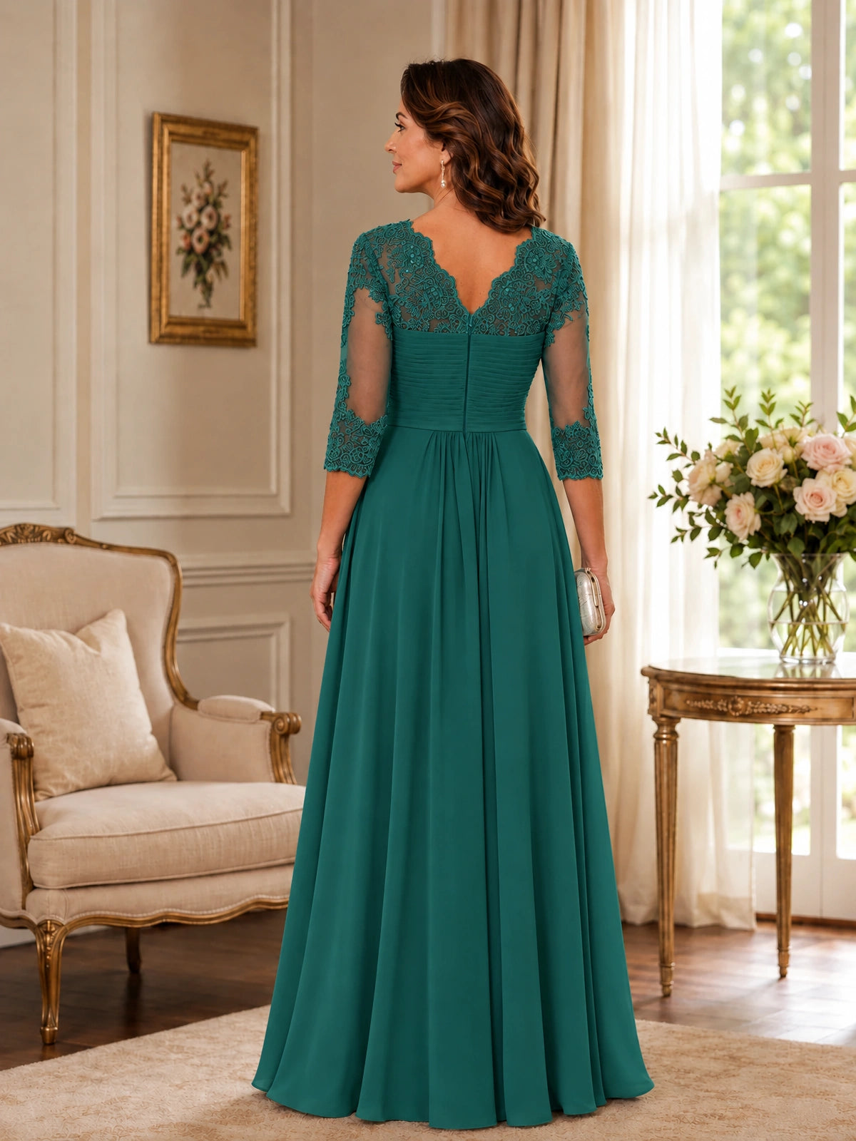 Chiffon Lace Applique Mother of the Bride Dress with 3/4 Sleeves
