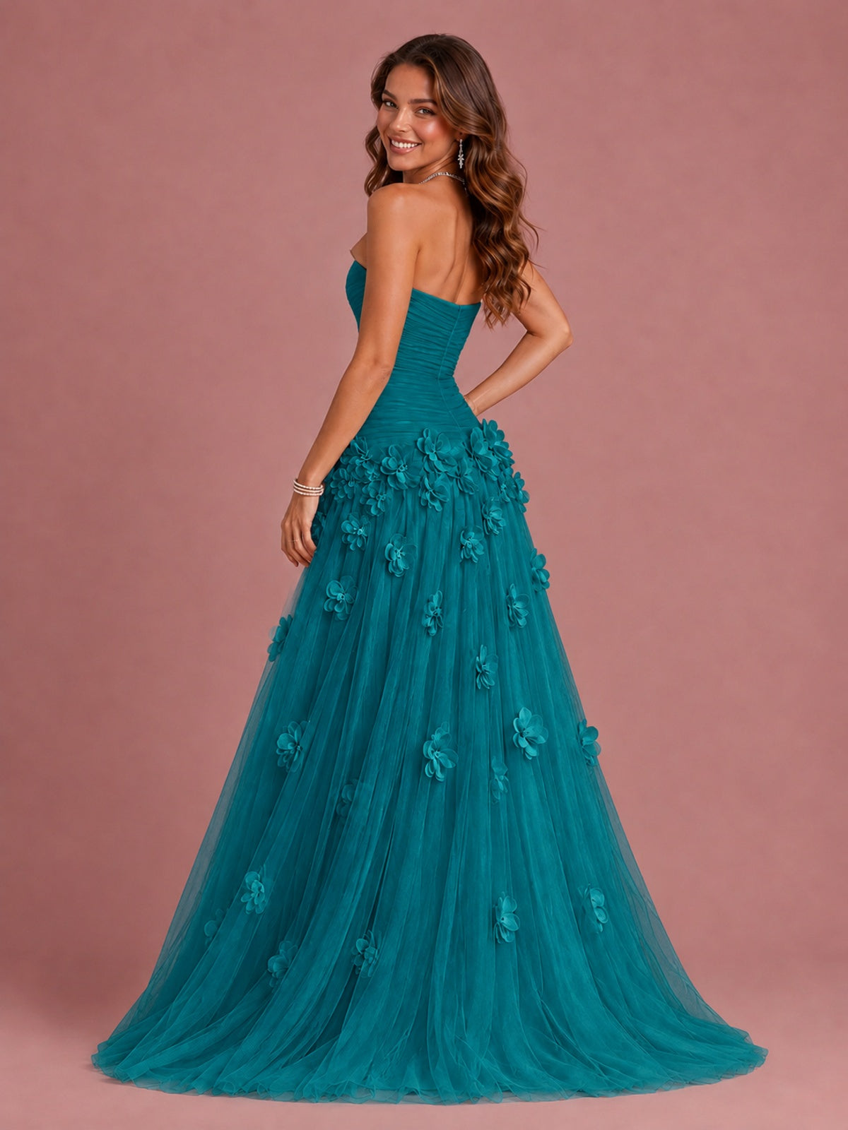 Blush Pink Strapless Sweetheart 3D Floral Tulle Ball Gown Prom Dres