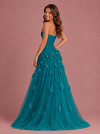 Blush Pink Strapless Sweetheart 3D Floral Tulle Ball Gown Prom Dres