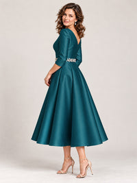 V-Neck Tea-Length Mother of the Bride Dress with Embellished Waist
