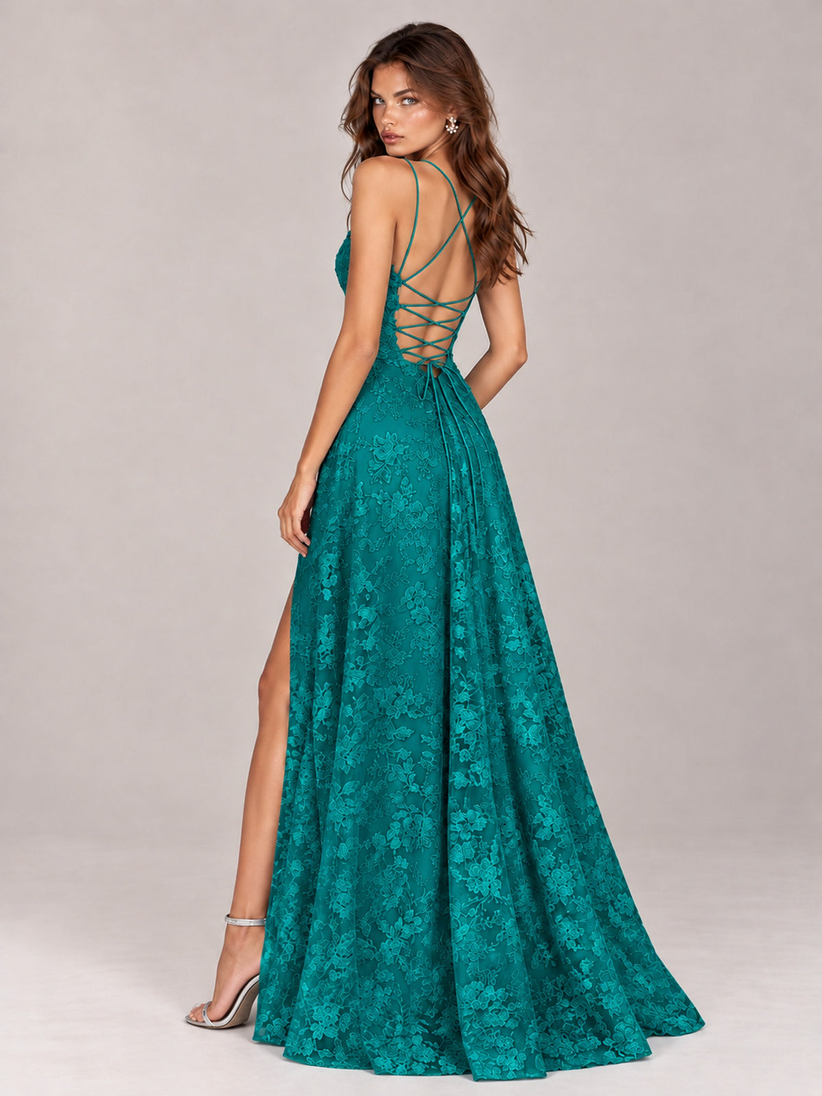 Floral Lace A-Line Prom Dress with Spaghetti Straps & High Slit