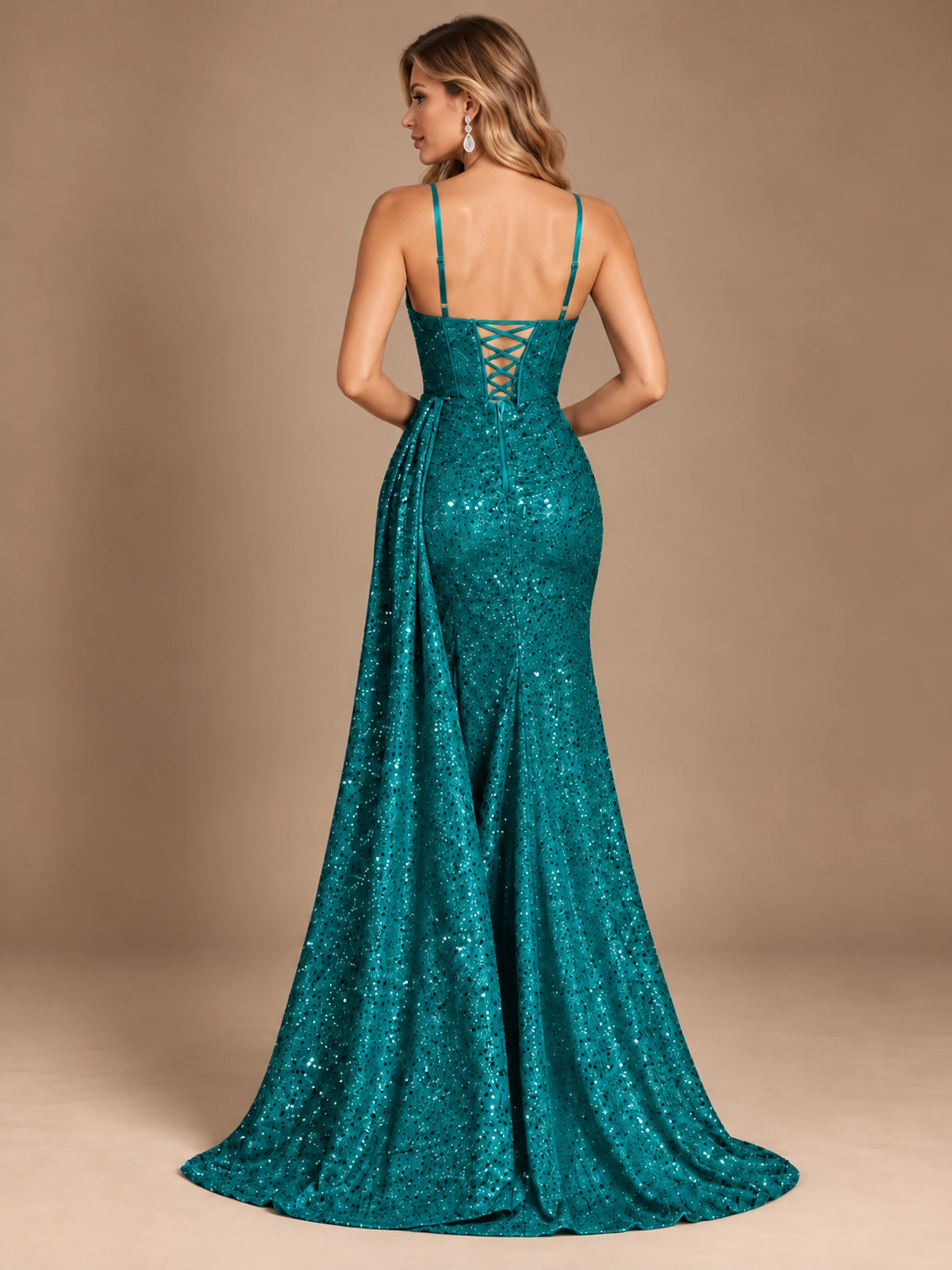 Burgundy Sequin Corset Prom Dress with High Slit