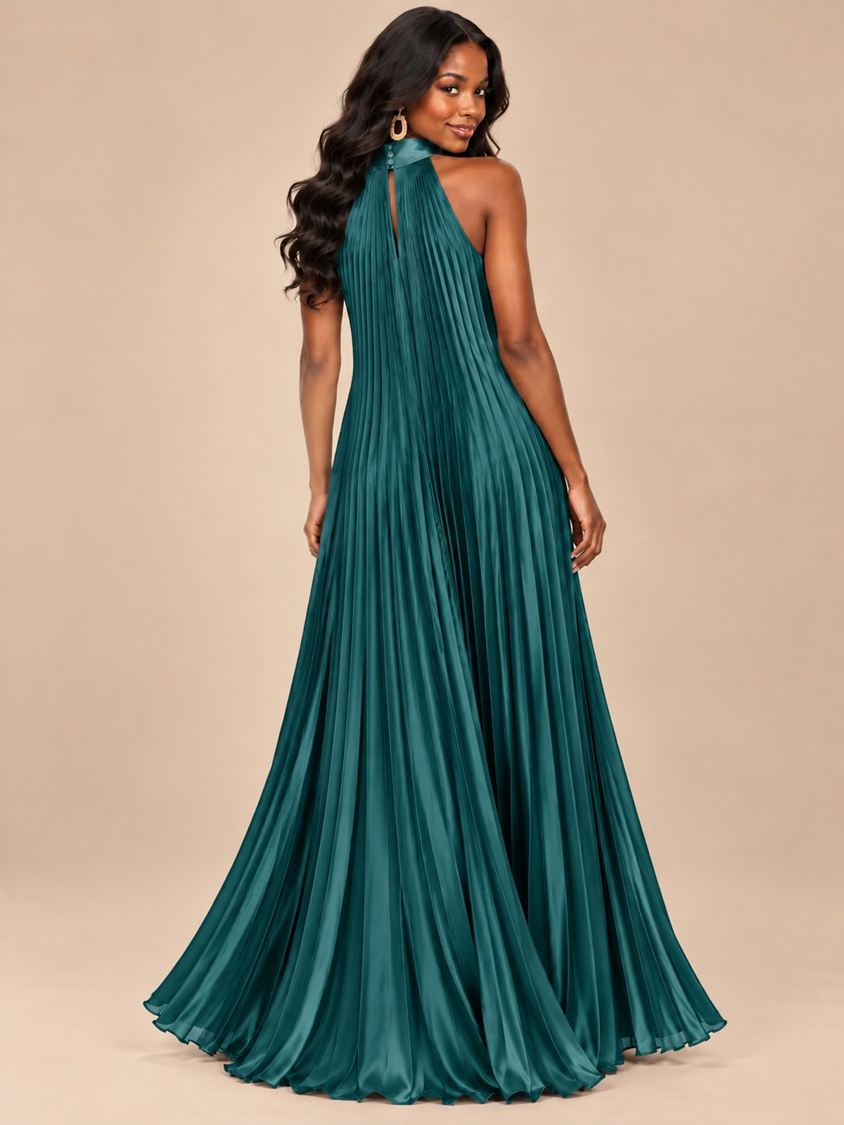 Rust Orange Pleated Halter Neck Maxi Dress
