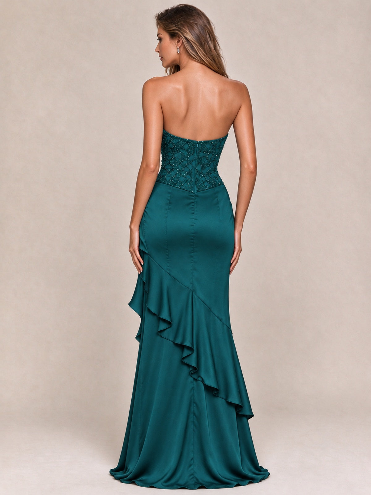 Strapless Lace Appliques Corset Satin Prom Dress Ruffle Slit Evening Gown