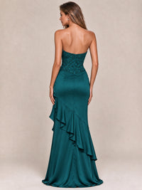 Strapless Lace Appliques Corset Satin Prom Dress Ruffle Slit Evening Gown