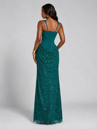 Sequin Corset Mermaid Prom Dress with Square Neck Wide Strap High Slit