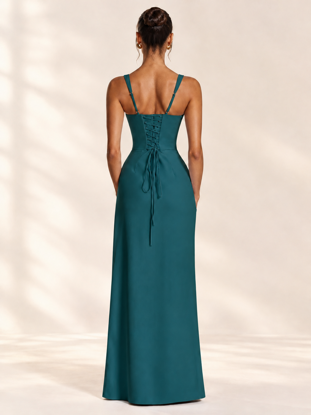 Square Neck Satin Sleeveless Ruched Prom Dress with High Slit